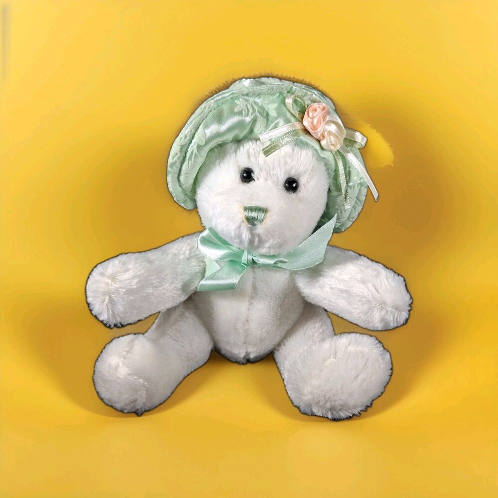 Vintage Dan Dee Collector's Choice White Teddy Bear Plush Green Bonnet Hat & Bow